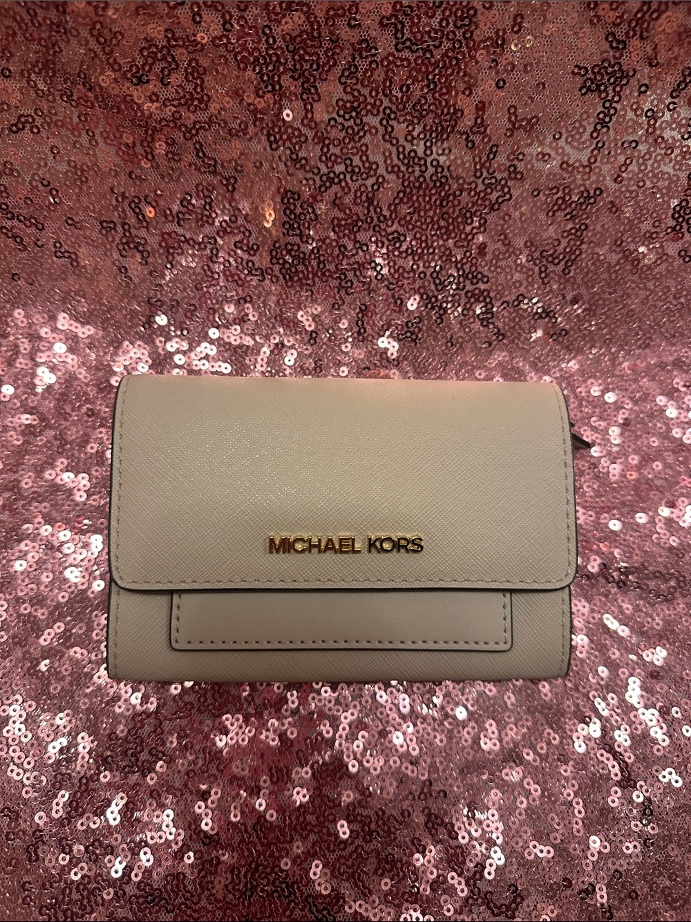 Michael Kors Beige Saffiano Leather Small Wallet with Gold Logo